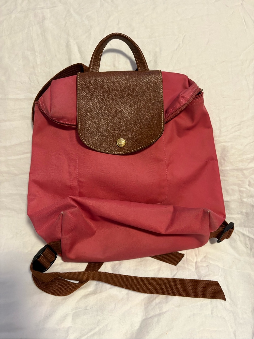 Longchamp Le Pillage Backpack, Pink With Brown Details. Adjustable Straps